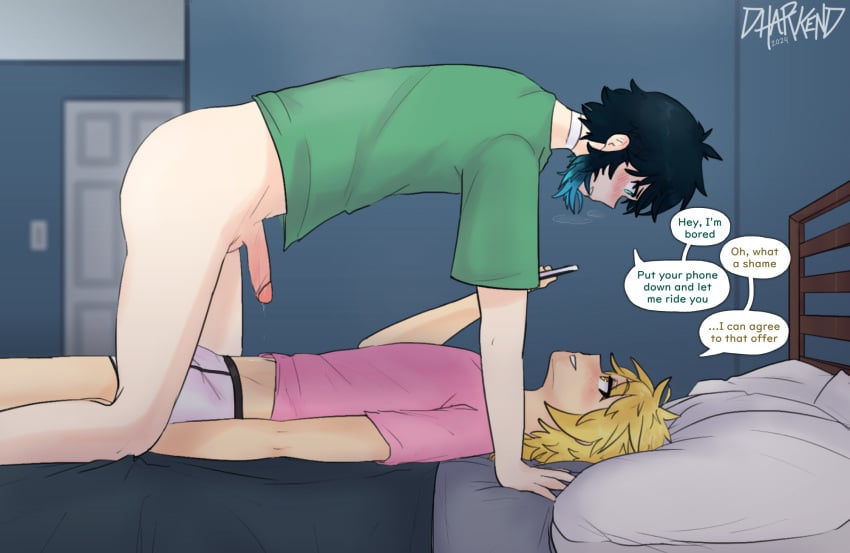 2boys aether_(genshin_impact) bedroom blonde_hair blue_eyes blue_hair bodily_fluids bottomless bottomless_male briefs choker dharkend erection femboy gay genshin_impact hi_res laying_on_back laying_on_bed looking_at_another looking_at_partner male male/male multicolored_hair penis phone pinned precum requested_sex text text_bubble venti_(genshin_impact) yaoi yellow_eyes