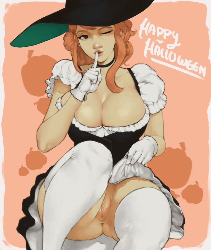 1girls cleavage drewnn flashing halloween large_breasts no_panties one_eye_closed orange_hair presenting pussy sitting solo upskirt