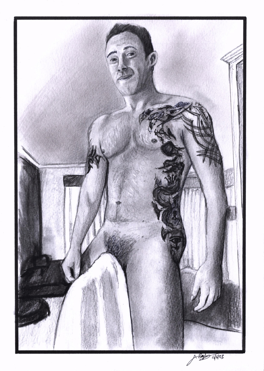 birthday_suit gay gay_male hand_drawn handdrawn handdrawn_art male male_only naked naked_male nude nude_male pencil pencil_(artwork) pencil_sketch self_upload sketches_by_adab tattoo_on_chest tattooed_male towel_boy towel_only