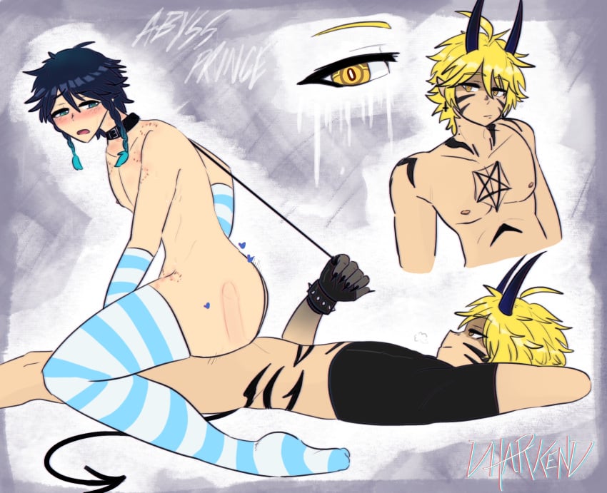 2boys aether_(genshin_impact) anal_sex armwarmer bite_mark black_hair black_hair_bottom blonde_hair blonde_hair_on_black_hair blonde_hair_top blue_eyes blue_hair body_markings bottomless bottomless_male claws collar collar_and_leash demon_tail dharkend dominant_male domination facial_markings femboy fingerless_gloves gay genshin_impact hi_res hickey_marks horns laying_on_back light_hair_on_dark_hair male male/male multicolored_hair penis_in_ass pentagram piercing pointy_ears pulling_leash satanic sex submissive_male tail tattoo thighhighs topless_male venti_(genshin_impact) yaoi yellow_eyes