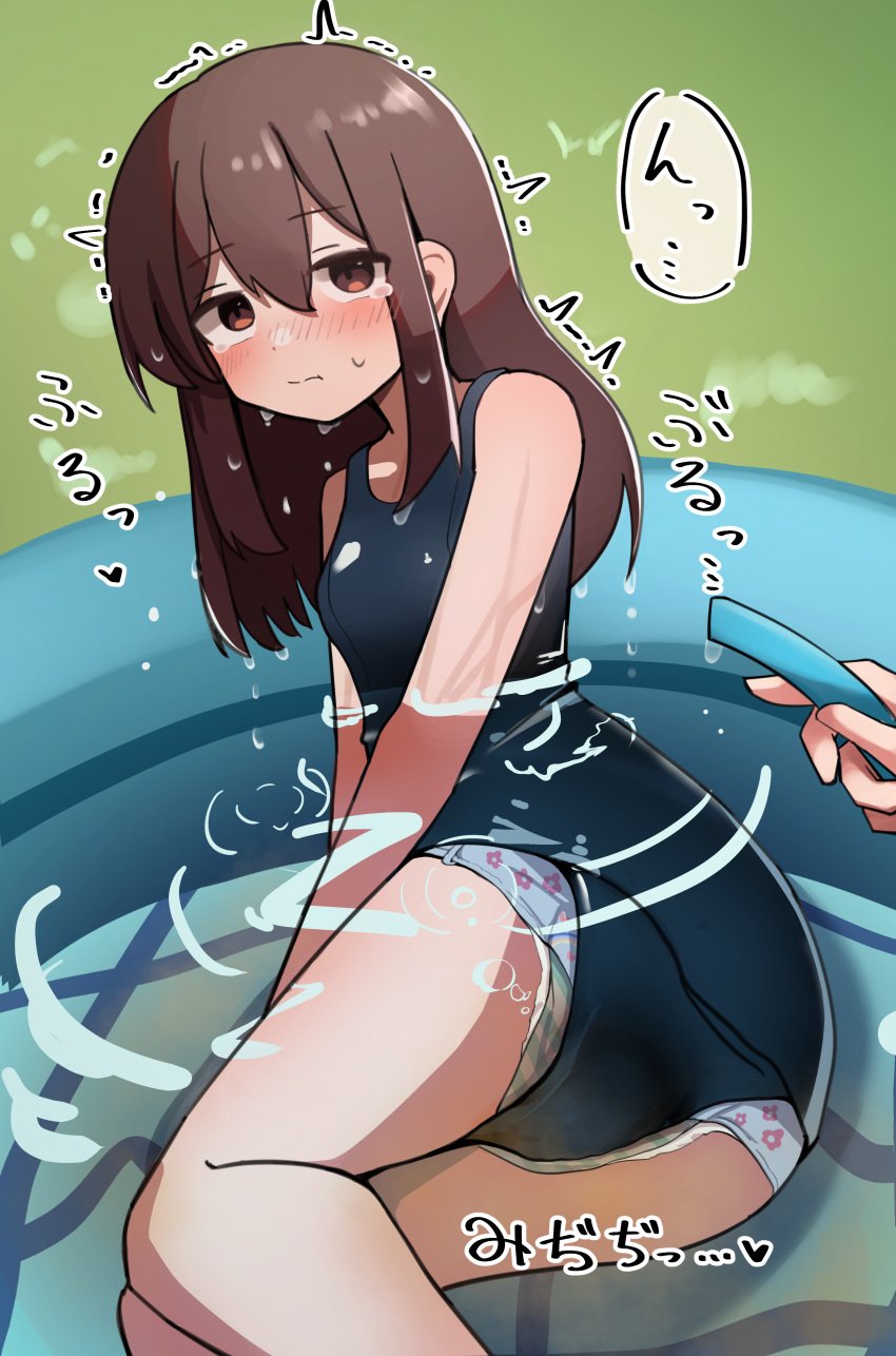 big_breasts blush diaper diaper_under_clothing diaper_under_swimsuit ekakino_dia hose japanese_text kiddie_pool one-piece_swimsuit original original_character peeing peeing_in_pool peeing_self pool swim_diaper swimsuit swimwear translation_request urinating urinating_female urination urine wetting wetting_self