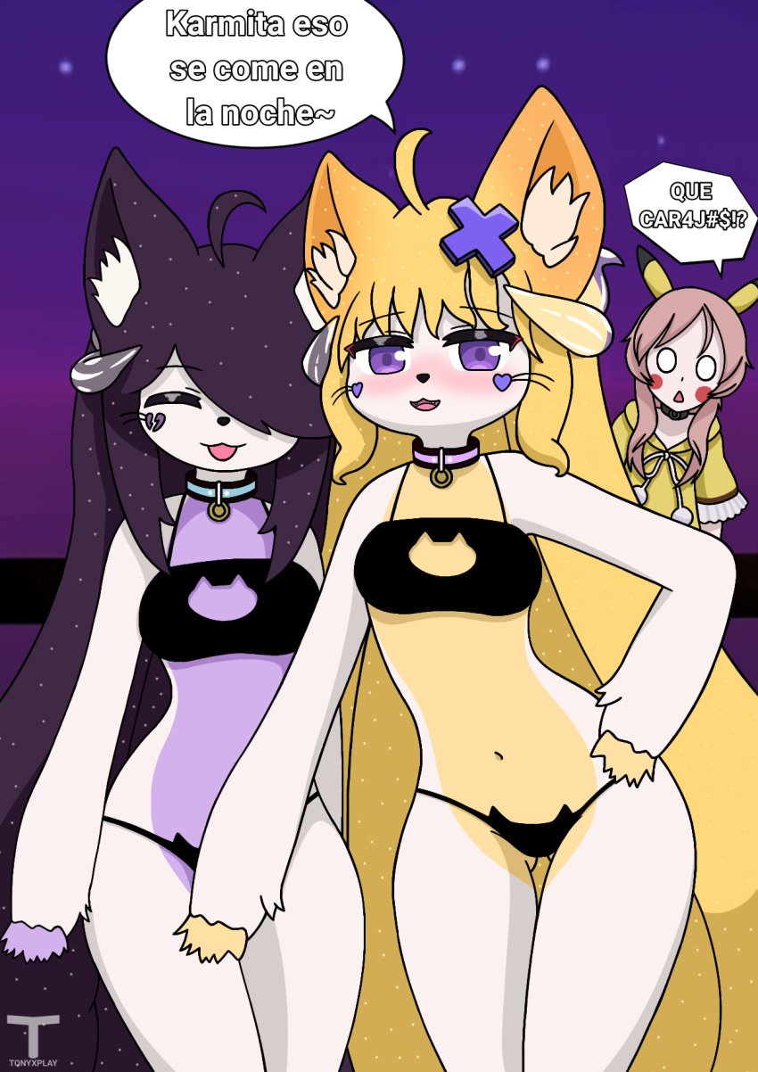 3girls black_hair bra chat_box exibitionism feline female female_only femboy femboy_on_female fox fox_ears fox_tail fur furry furry_ears genderswap_(mtf) karmavt kendomurft latam_virtual_youtuber nude_female panties purple_eyes soaring spanish_text surprised thick_thighs tony_x_play tonyxplay virtual_youtuber vtuber vtuberfanart waton white_body white_fur yellow_fur yellow_hair youtube youtube_hispanic