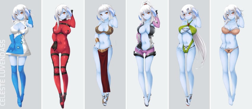 1girls alien_girl big_ass big_breasts blue_skin blue_spacesuit blush celeste_luvendass curvy green_one-piece_swimsuit hazel_eyes huniepop lingerie looking_at_viewer nipple_bulge red_latex_suit skimpy_bikini skimpy_outfit skimpy_swimsuit slave_leia_(cosplay) smiling_at_viewer white_hair