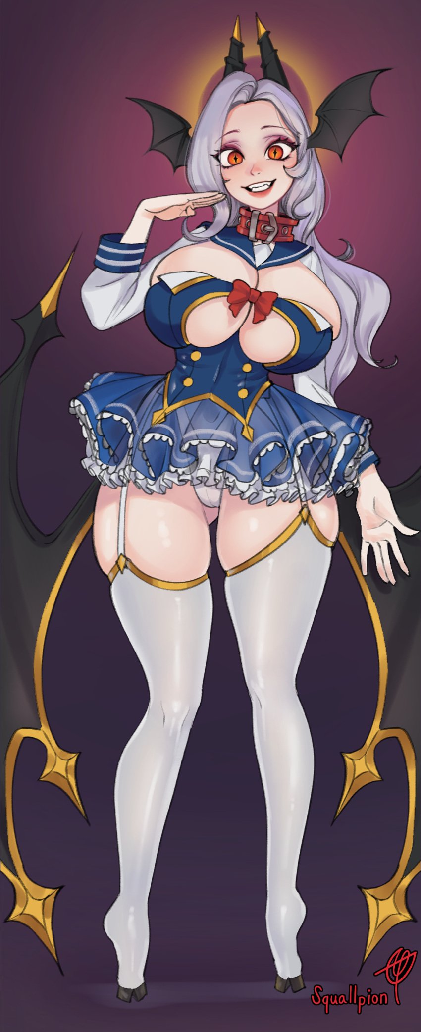 big_breasts big_thighs bow collar evil_eyes garter_belt garter_straps horns huge_breasts huge_thighs light_skin lips lipstick logo long_hair no_text original_character red_bow red_collar smile squallpion stockings transparent_clothing transparent_skirt two_tone_eyes white_hair white_panties white_skin wing_ears yellow_eyes