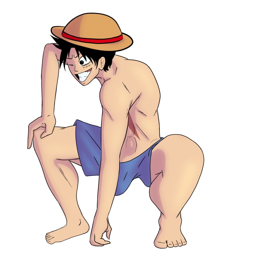 big_bulge black_hair bulge bulge_through_clothing hat heavy_penis male_only monkey_d_luffy my_anjel one_eye_closed one_piece penis_in_shorts pirate shirtless shorts straw_hat uncomfortable_pose