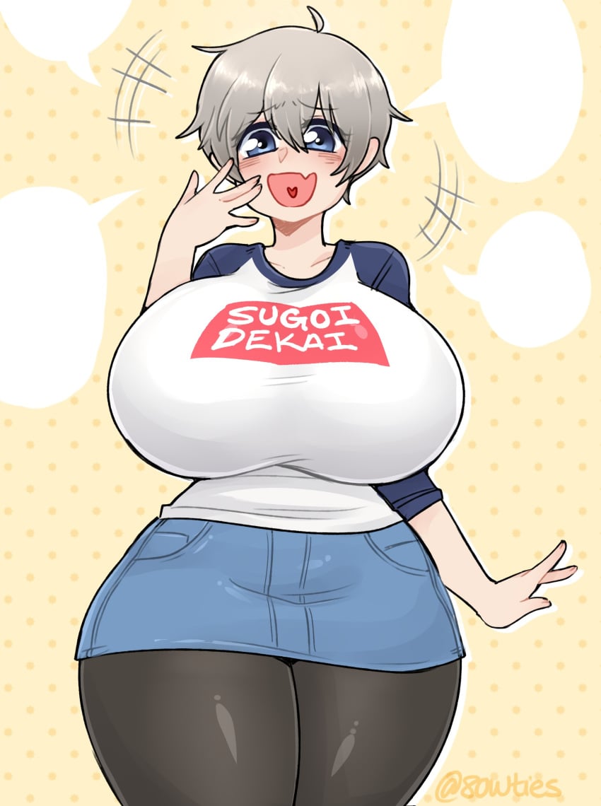 1girls 8owties big_breasts black_leggings blue_eyes blush female grey_hair huge_breasts large_breasts leggings pale-skinned_female pale_skin short_hair thick_thighs thighs uzaki-chan_wa_asobitai! uzaki_hana wide_hips