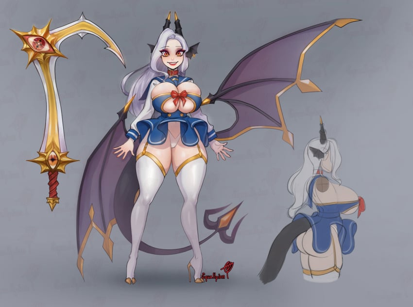 bat_wings big_breasts big_thighs bow character_sheet demon_tail evil_eyes garter_belt garter_straps horns huge_breasts huge_thighs light_skin lips lipstick logo long_hair no_text orange_eyes original_character red_bow smile squallpion stockings sword tail two_tone_eyes white_hair white_panties white_skin wing_ears wings