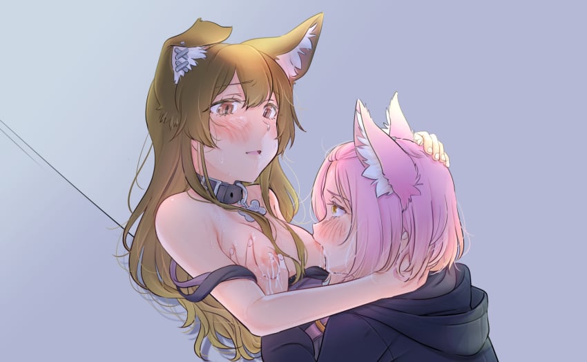 2girls areolae blush blush_lines blushing breasts brown_eyes brown_hair collar color colored d4dj dog_collar dog_ears dog_girl eyebrows eyebrows_visible_through_hair eyelashes female female_only fox_ears fox_girl hair_between_eyes hand_on_breast hand_on_head holding_breast holding_head hoodie inuyose_shinobu lactating lactation long_hair looking_at_another looking_pleasured medium_breasts milk open_mouth pink_hair short_hair shroomia simple_background sucking_nipples textless yamate_kyouko yellow_eyes yuri