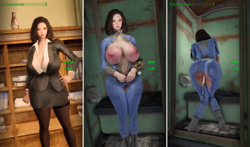 after_vaginal before_and_after bethesda_softworks bomb_collar comparison fallout game_mechanics implied_sex leaking_cum slave_collar vault_dweller vault_suit