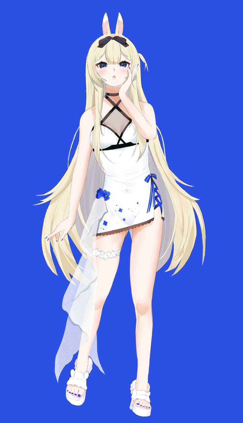 1girl alternate_costume bangs bare_shoulders blonde_hair blue_background blue_eyes blush bow breasts bunny_ears bunny_girl dress eyebrows_visible_through_hair female full_body hair_between_eyes hair_bow hairband long_hair looking_at_viewer open_mouth ribbon see-through shoes short_dress simple_background sleeveless sleeveless_dress solo standing very_long_hair virtual_youtuber vyugen white_dress white_footwear white_legwear yenko