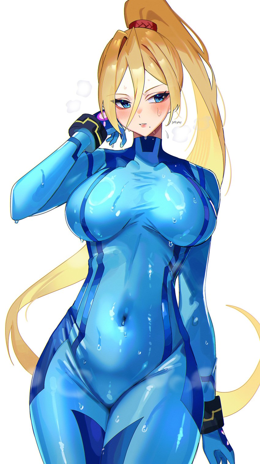 1girls absurdres anger_vein blonde_hair blue_bodysuit blue_eyes blue_gloves blush bodysuit breasts covered_navel crossed_arms eyelashes female gloves hair_between_eyes high_ponytail highres large_breasts long_hair metroid mole mole_under_mouth nintendo parted_lips samus_aran simple_background skin_tight solo standing sweat sweatdrop white_background yasaikakiage zero_suit_samus