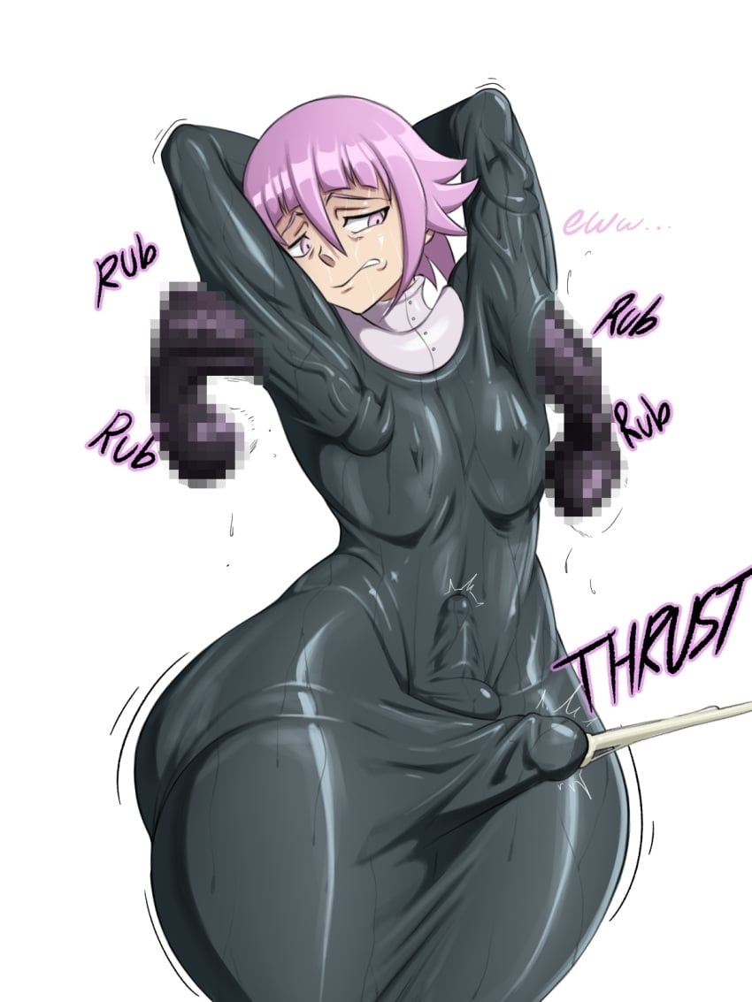 androgynous armpit_sex censored censored_penis cock crona_(soul_eater) cum_through_clothes dick disgusted dysmal erection_under_clothes femboy feminine_male huge_ass no_underwear penis pink_hair rubbing_penis rubbing_penis_on_body soul_eater thick_thighs thighs tight_clothes tight_clothing wide_hips