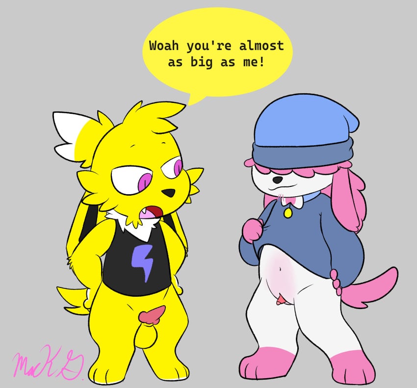 anthro beanie big_clitoris clitoris clothing collar comparing comparing_penis duo eeveelution generation_1_pokemon generation_6_pokemon genitals hat headgear headwear hi_res jolteon lightning_bolt mackdrawsad male male/male nintendo penis pokemon pokemon_(species) small_penis speech_bubble sweater sylveon topwear