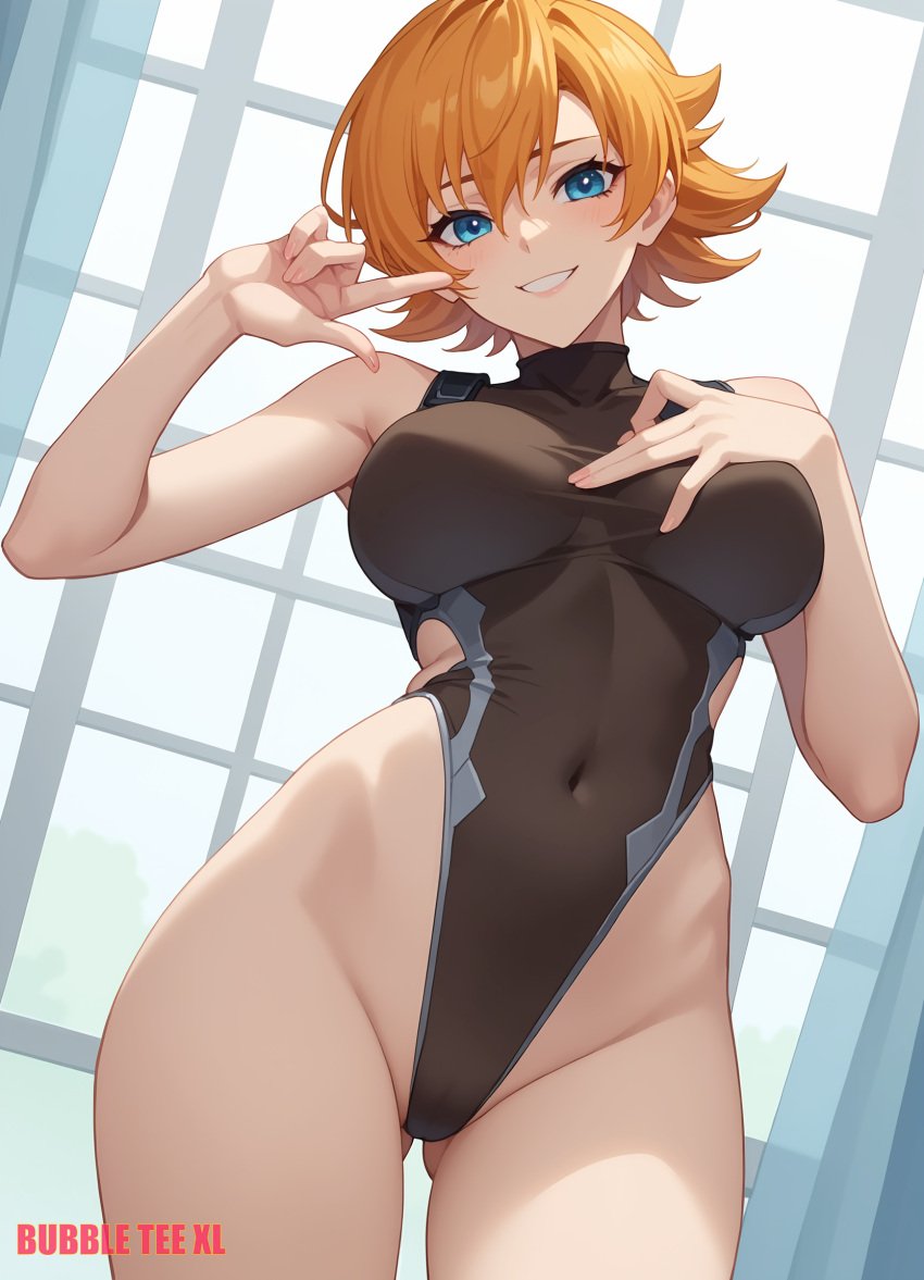 ai_assisted ai_generated blue_eyes bubbleteexl commentary_request english_commentary hi_res highres igawa_sakura leotard mixed-language_commentary orange_hair taimanin_(series) thick_thighs tomboy very_high_resolution