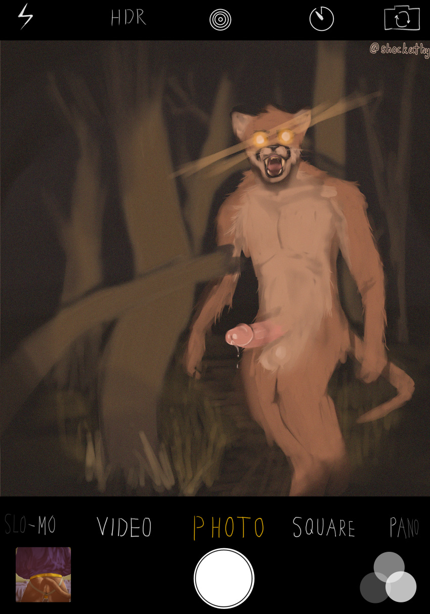 absurd_res anthro ball_tuft balls bared_teeth bodily_fluids branch brown_body brown_fur camera_flash camera_hud circumcised circumcision_scar cougar countershading detailed_background digitigrade dripping ears_up erection felid feline forest fur genital_fluids genital_scar genitals glistening glistening_eyes glistening_genitalia grass hi_res leaking_precum male mammal muscular muscular_male nature night nude open_mouth orange_eyes outside penis phone_screen pink_penis plant precum precum_drip scar shockathy signature solo tail tan_body tan_countershading tan_fur trail tree tuft were werefelid whiskers