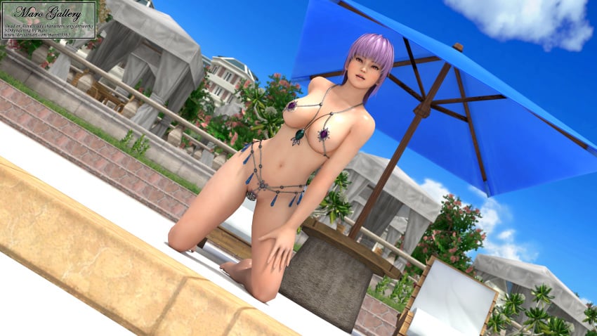 1girls 3d 3d_(artwork) arm_behind_back ayane_(doa) belly dancer dead_or_alive female female_only flowers g-string hand_on_thigh jewelry jewelry_only large_breasts maro03363 navel nipple_covers pubic_hair purple_hair red_eyes revealing_clothes solo venus_bikini