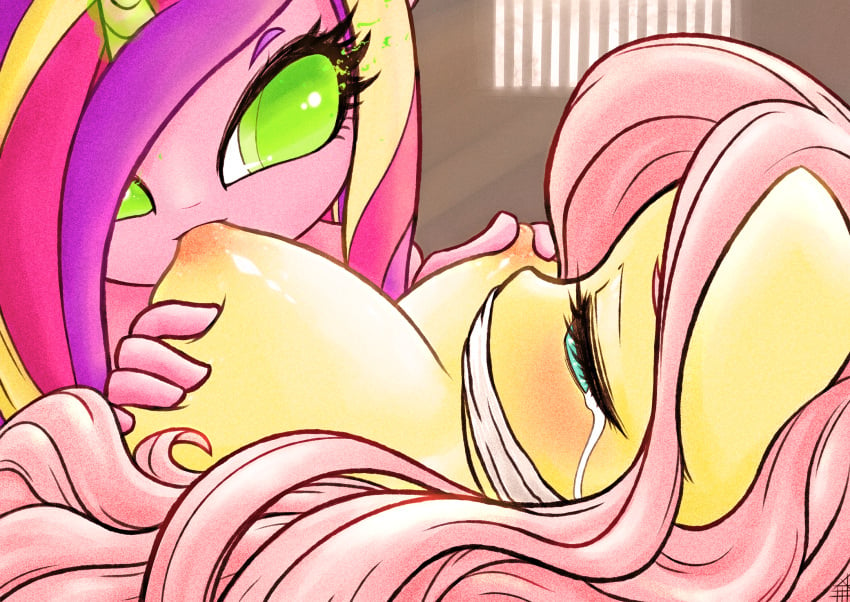 10s 2015 anthro anthrofied big bodily_fluids breast_play breast_suck breasts crying duo equid equine female female/female fluttershy_(mlp) friendship_is_magic gag gagged green_eyes hair hand_on_breast hasbro hi_res horn horse inside long_hair mammal mesperal multicolored_hair my_little_pony mythological_creature mythological_equine mythology nipple_fetish nipple_pinch nipple_play pinch pink_hair pony princess_cadance_(mlp) sucking tears unicorn