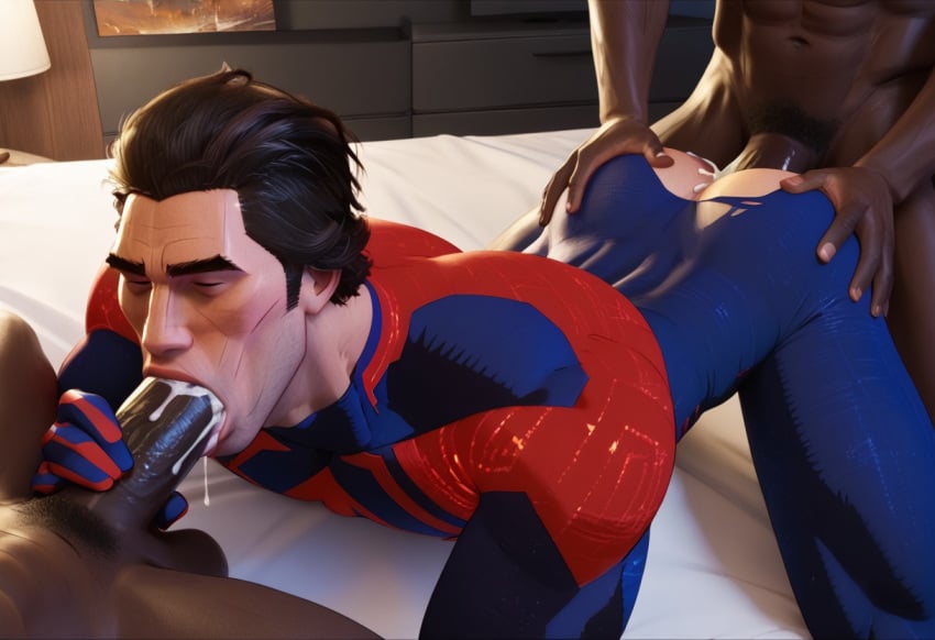 3boys ai_generated anal anal_sex bara blowjob blowjob_while_penetrated closed_eyes closing_eyes cum cum_in_ass dark-skinned_male dark_skin gay hand_on_ass hand_on_butt hand_on_cock hand_on_dick hand_on_penis interracial male_only marvel marvel_comics mexican mexican_irish mexican_male miguel_o'hara mmm_threesome muscular muscular_male oral_sex ripped_clothing spider-man:_across_the_spider-verse spider-man_(series) spider-man_2099 superhero superherosuckerrr threesome