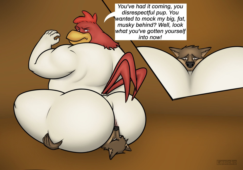 anthro anus ass avian big_butt big_dom_small_sub bird butt_crush butt_sniffing canid canine canis chicken dialogue dominant dominant_male duo facesitting foghorn_leghorn galliform gallus_(genus) hi_res holding_butt lesicko male male/male mammal nose_to_anus phasianid sitting_on_another size_difference slightly_chubby slightly_chubby_anthro slightly_chubby_male sniffing speech_bubble submissive submissive_male thick_thighs wolf