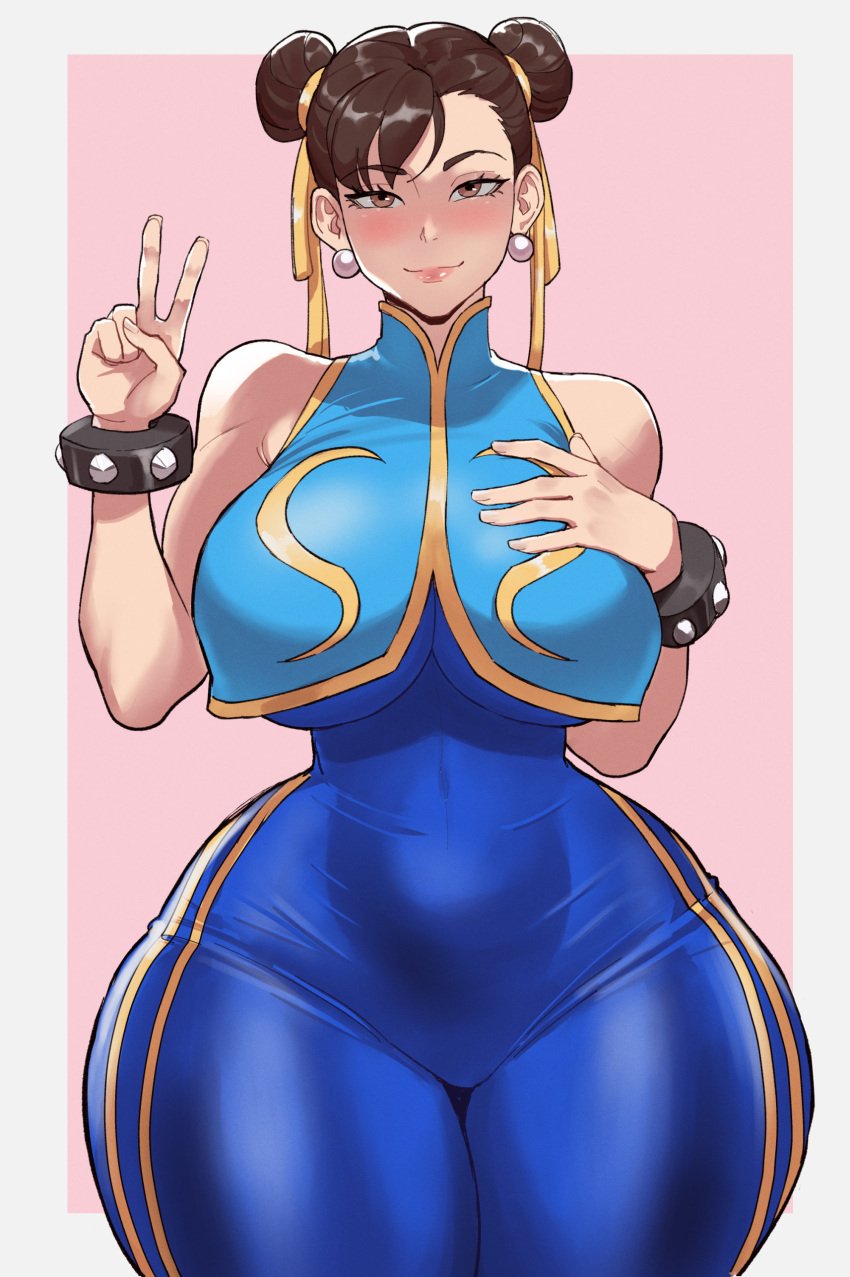 1girls 2024 absurdres arm_up artist_name ass ass_focus back blue_background blue_bodysuit blue_vest blush bodysuit bracelet breasts brown_hair capcom chun-li clenched_hand commentary cowboy_shot double_bun earrings english_commentary female female_focus grabbing_own_breast hair_bun highres jewelry jitome large_breasts lips looking_at_viewer lustyshape mature_female medium_breasts milf outside_border pink_lips shaded_face sideboob simple_background smile solo spiked_bracelet spikes standing straight-on street_fighter street_fighter_alpha swept_bangs thick_lips thick_thighs thighs v vest wide_hips