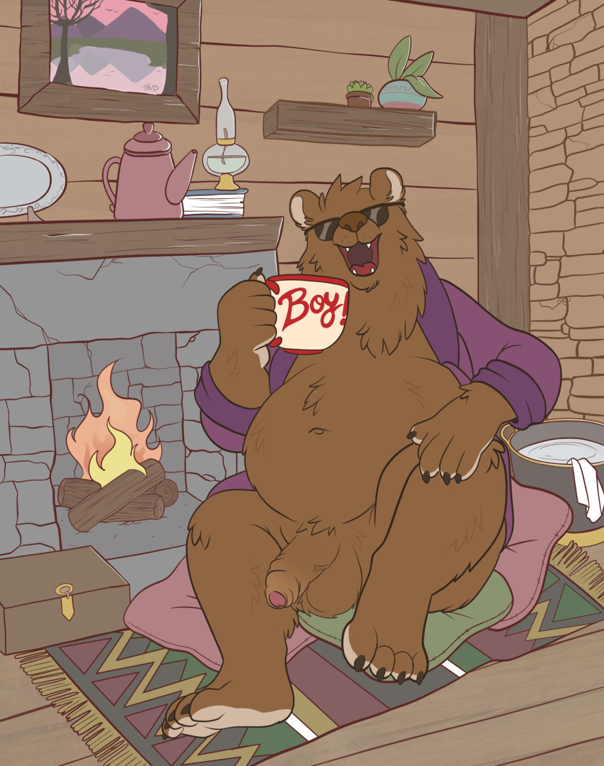 anthro balls belly brown_body brown_fur cartoon_network celestial detailed_background eyewear flaccid frank_(infinity_train) fur genitals hbo_max hi_res infinity_train inside male male_only mammal overweight overweight_anthro overweight_male penis sitting solo sunglasses ursid