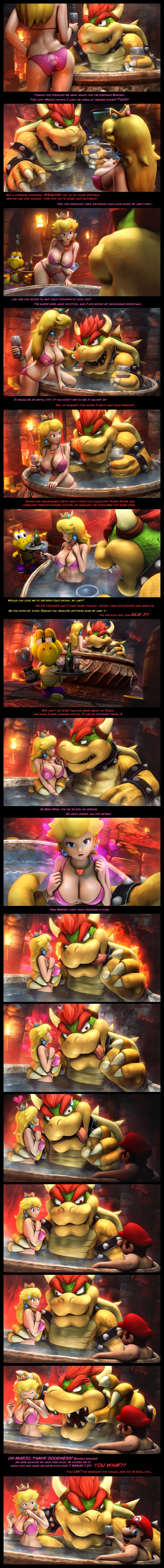 1girls 2boys 3d 3d_(artwork) acting alcohol angry banskinator bowser bowser_logo breasts cleavage comic couple curvy dialogue female_focus hot_tub huge_breasts koopa_troopa mario mario_(series) nintendo nipple_bulge princess_peach super_mario_bros. swimsuit urbanator wide_hips