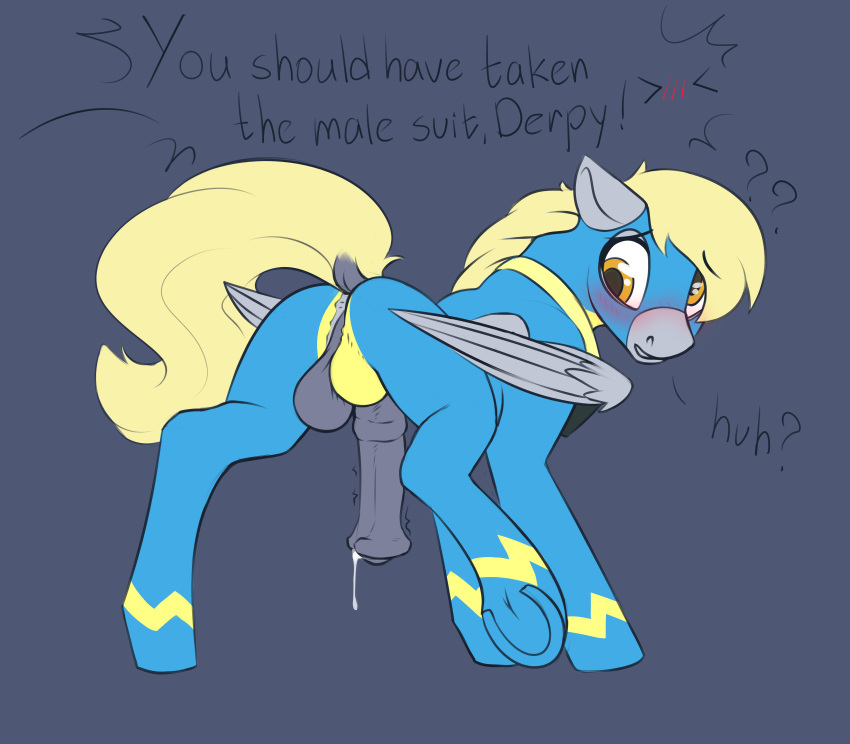 2019 absurd_res animal_genitalia animal_penis anus balls blonde_mane blonde_tail blue_background blush derpy_hooves dialogue dock equid equine equine_penis feathered_wings feathers feral flared_penis friendship_is_magic fur genitals grey_body grey_feathers grey_fur grey_wings hasbro hi_res looking_back male male_only mammal mane medial_ring my_little_pony pegasus penis phenyanyanya simple_background solo text wings wonderbolts_uniform yellow_eyes