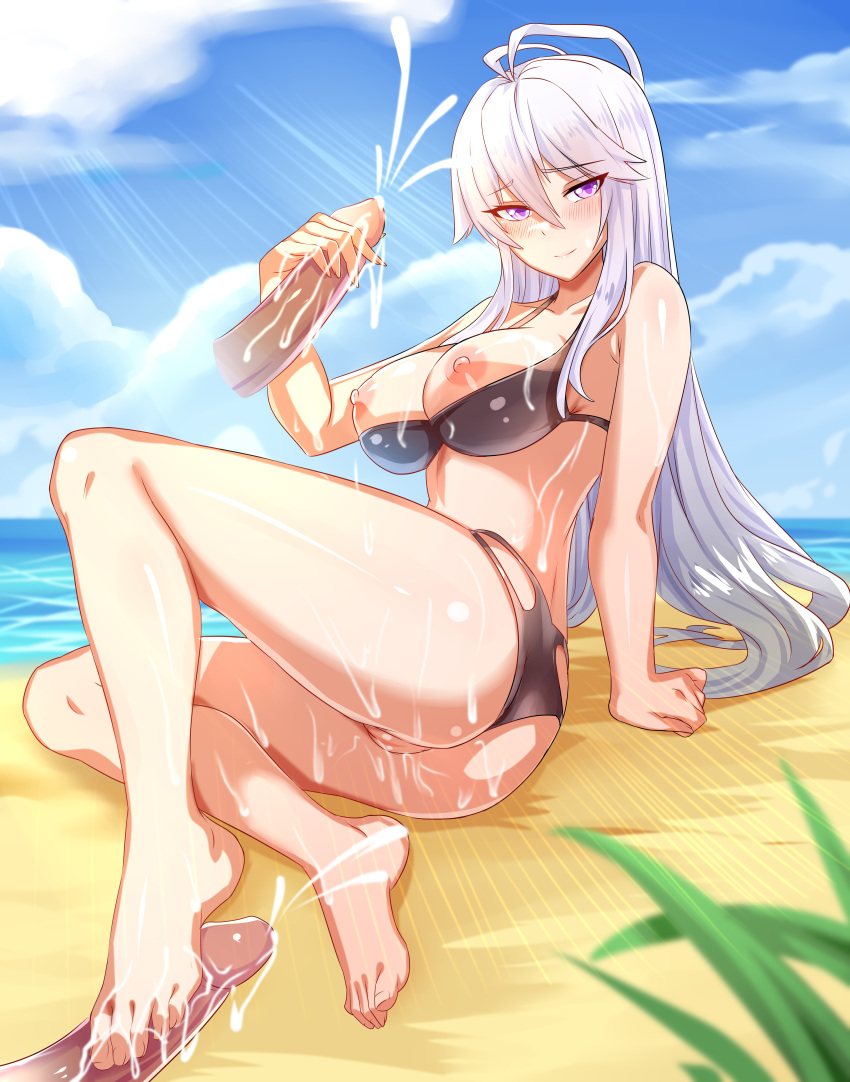 ass barefoot beach breasts cum cum_on_body cum_on_feet disembodied_penis douluo_dalu douluo_dalu_4 feet footjob grass gu_yue_(douluo_dalu) holding_penis long_hair milf mother sand silver_hair waves