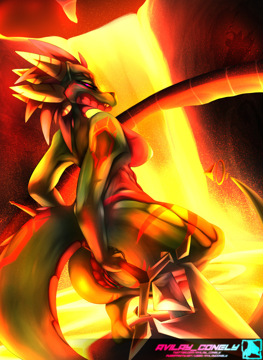 absurd_res anthro ass avilay_conely breasts dragon female genitals hi_res horn karder_thunder_dragon lava long_tail melee_weapon polearm pussy solo spear sword weapon