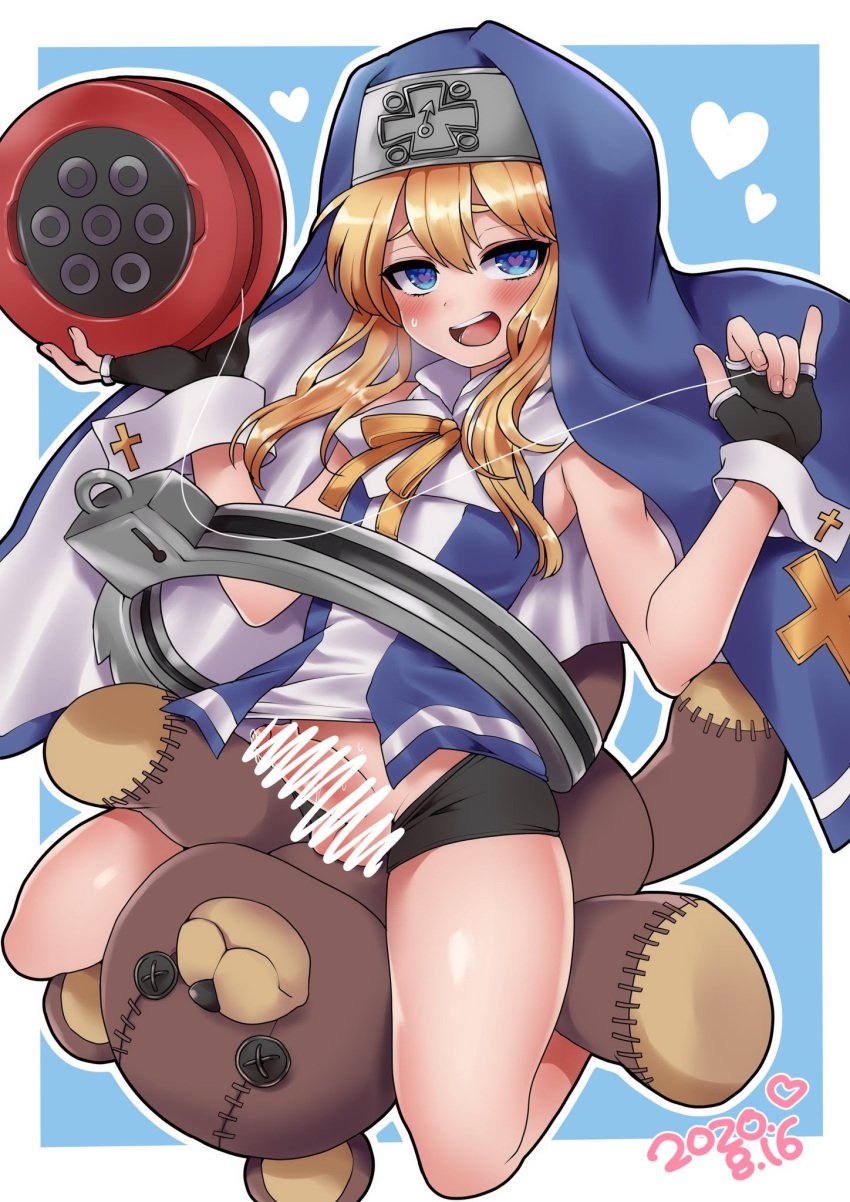 1boy bike_shorts blonde_hair blue_eyes blush bridget dated femboy fingerless_gloves gloves guilty_gear habit heart heart-shaped_pupils highres male male_focus male_only mars_symbol open_mouth penis roger smile solo solo_male stuffed_animal stuffed_toy sweatdrop symbol-shaped_pupils teddy_bear usagigenki yo-yo