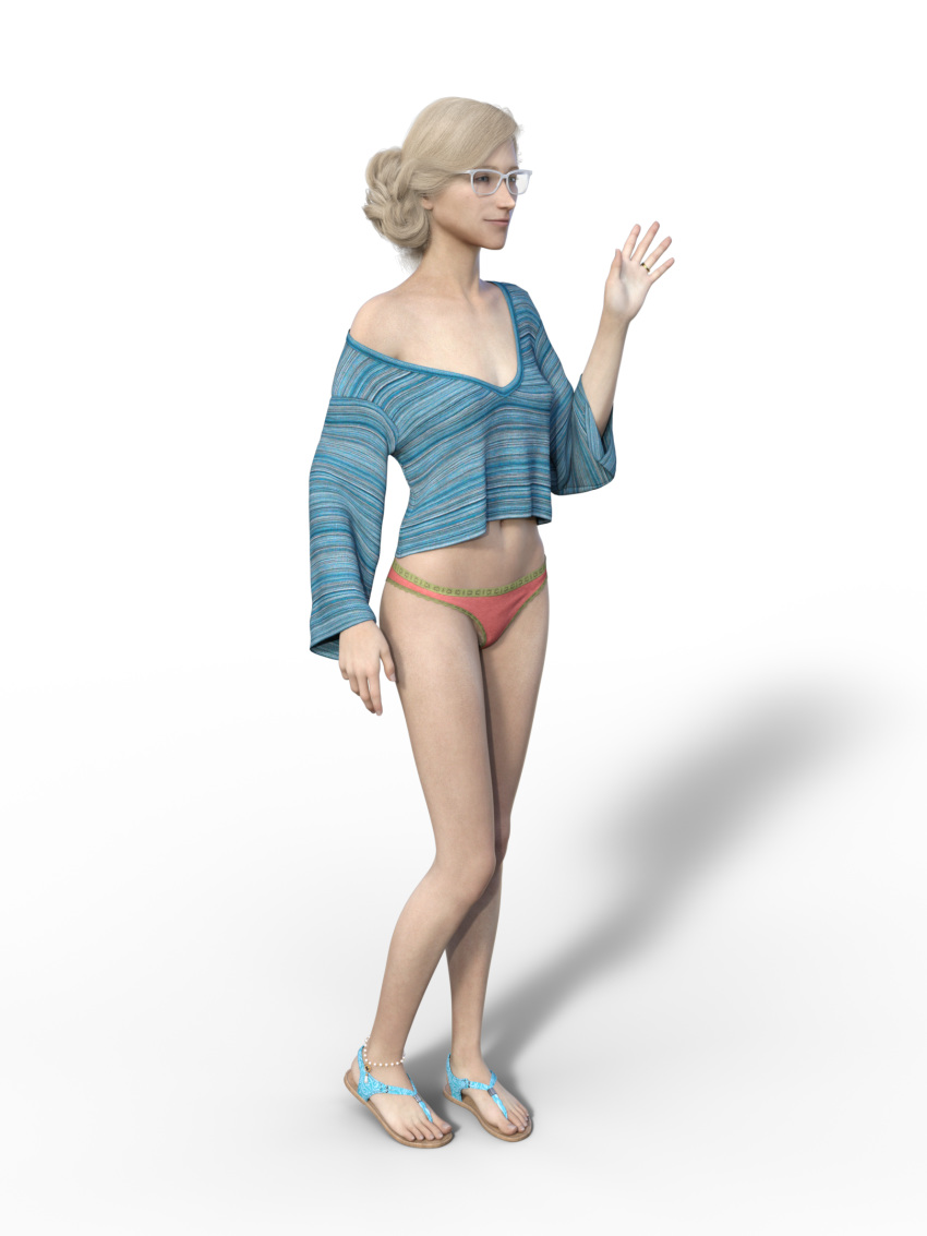 1girls 3d amelia_(artist) amicalira_(artist) anklet blonde_hair blue_eyes clothed_female clothing feet female glasses human light_skin loose_clothes navel nora_casselli_(amicalira) off_shoulder original panties pubic_hair realistic sandals skinny solo sweater thong_sandals toes wedding_ring