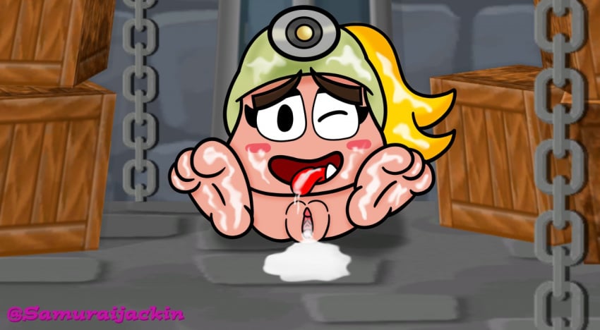 anthro bodily_fluids cum cum_in_pussy cum_inside cum_on_face cum_on_feet cum_on_ground cum_on_tongue female genital_fluids goomba goombella mario_(series) nintendo paper_mario paper_mario:_the_thousand-year_door samuraijackin solo tongue video_games