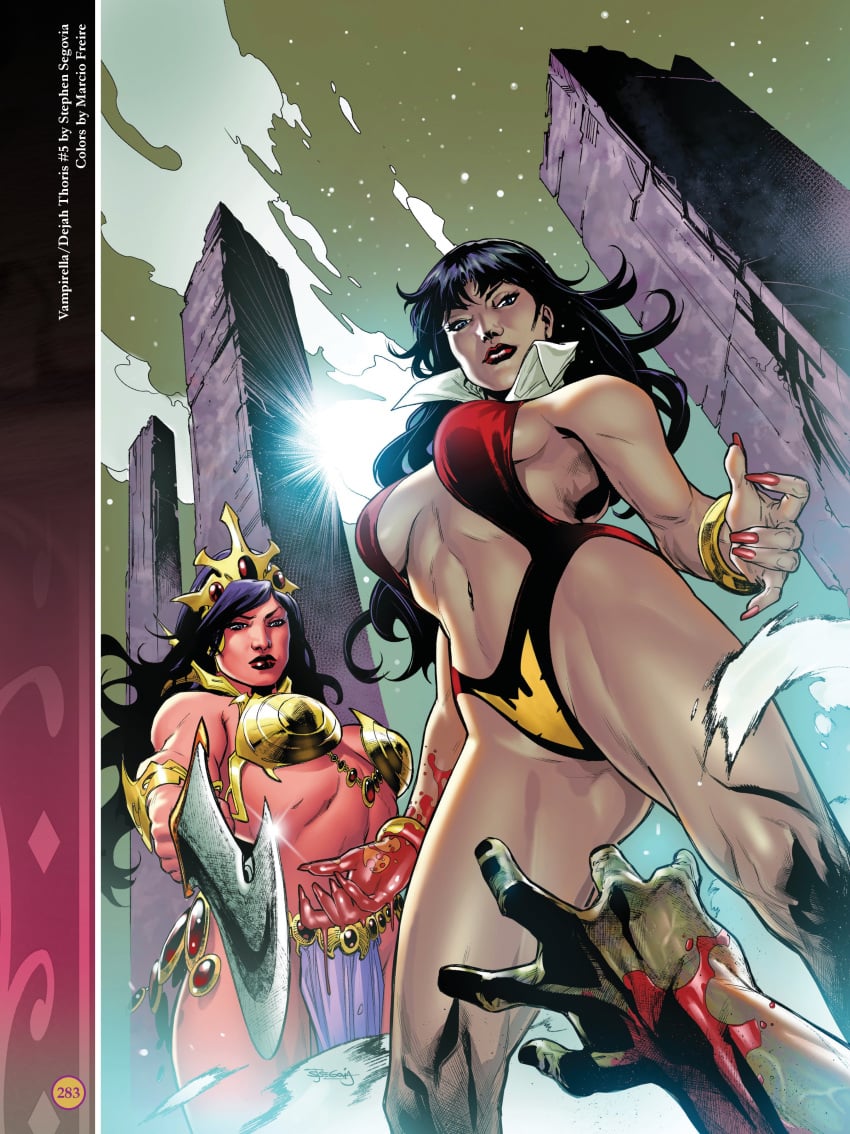 2girls a_princess_of_mars barsoom black_hair blue_eyes bracelet crossover dejah_thoris gold_pasties holding_weapon john_carter_of_mars large_breasts loincloth long_hair marcio_freire martian official_art pasties pink_skin purple_eyes revealing_clothes royalty stephen_segovia sword vampire vampirella viewed_from_below voluptuous