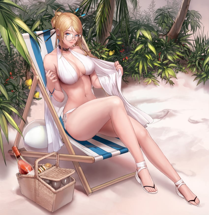 beach bikini blonde_hair blue_eyes breasts choker cleavage dungeon_and_fighter dungeon_fighter_online feet female_gunner_(dungeon_and_fighter) glasses legs monaim tagme