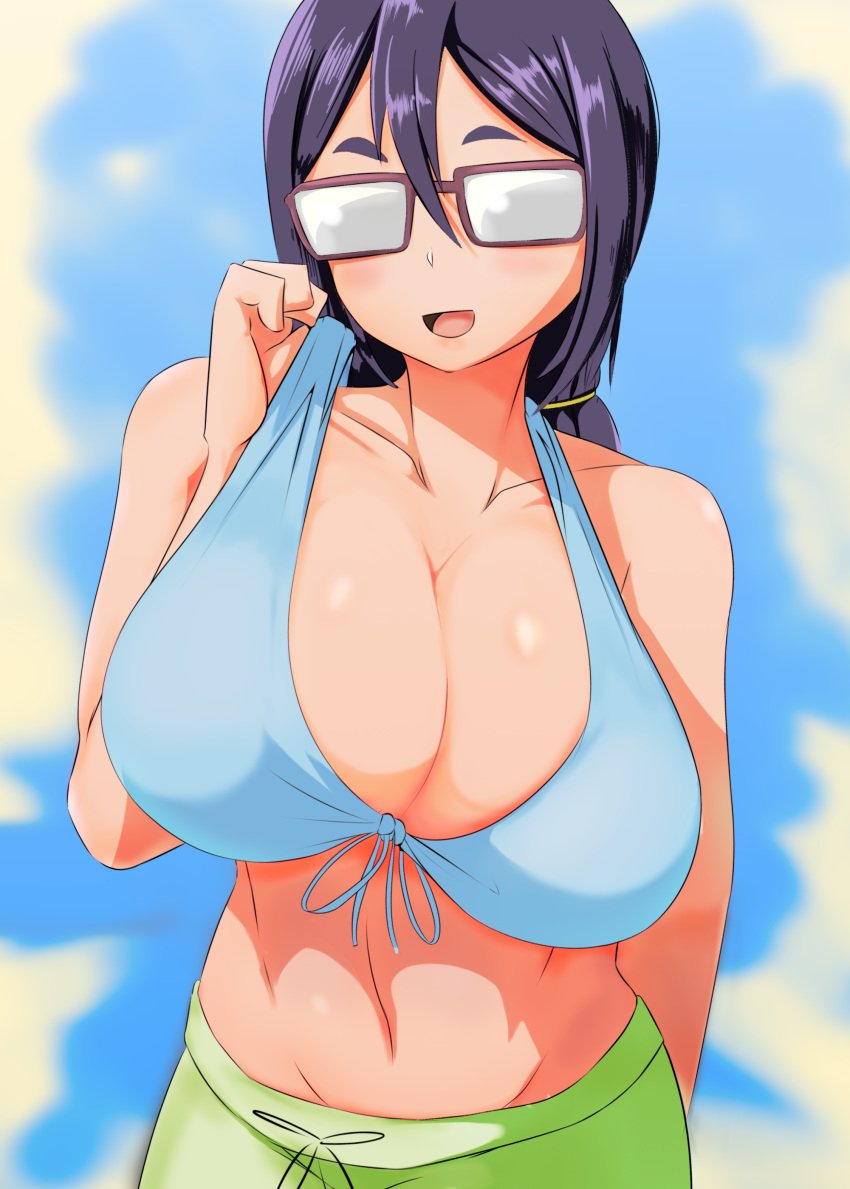 1girls 2020 absurd_res alternate_breast_size asai_ami bikini bikini_top black_hair blue_bikini breasts cleavage cloud female female_only front-tie_bikini glasses hair_between_eyes highres huge_breasts light-skinned_female light_skin low_ponytail navel opaque_glasses open_mouth outdoors ponytail setawar_(coco) sky smile solo standing swim_trunks swimsuit swimwear tongue uzaki-chan_wa_asobitai!