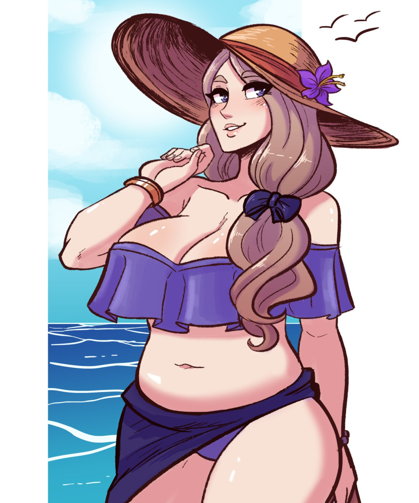 1girls bare_midriff beach bikini blonde blonde_hair blue_eyes bracelet chubby cleavage deepbeef female fire_emblem fire_emblem:_three_houses hat huge_breasts large_breasts lips long_hair looking_at_viewer mercedes_von_martritz midriff naughty_face nintendo ponytail purple_bikini purple_swimsuit rouche scruffyturtles seaside seductive seductive_smile side_ponytail smile solo sun_hat swimsuit thick_lips thick_thighs thighs voluptuous