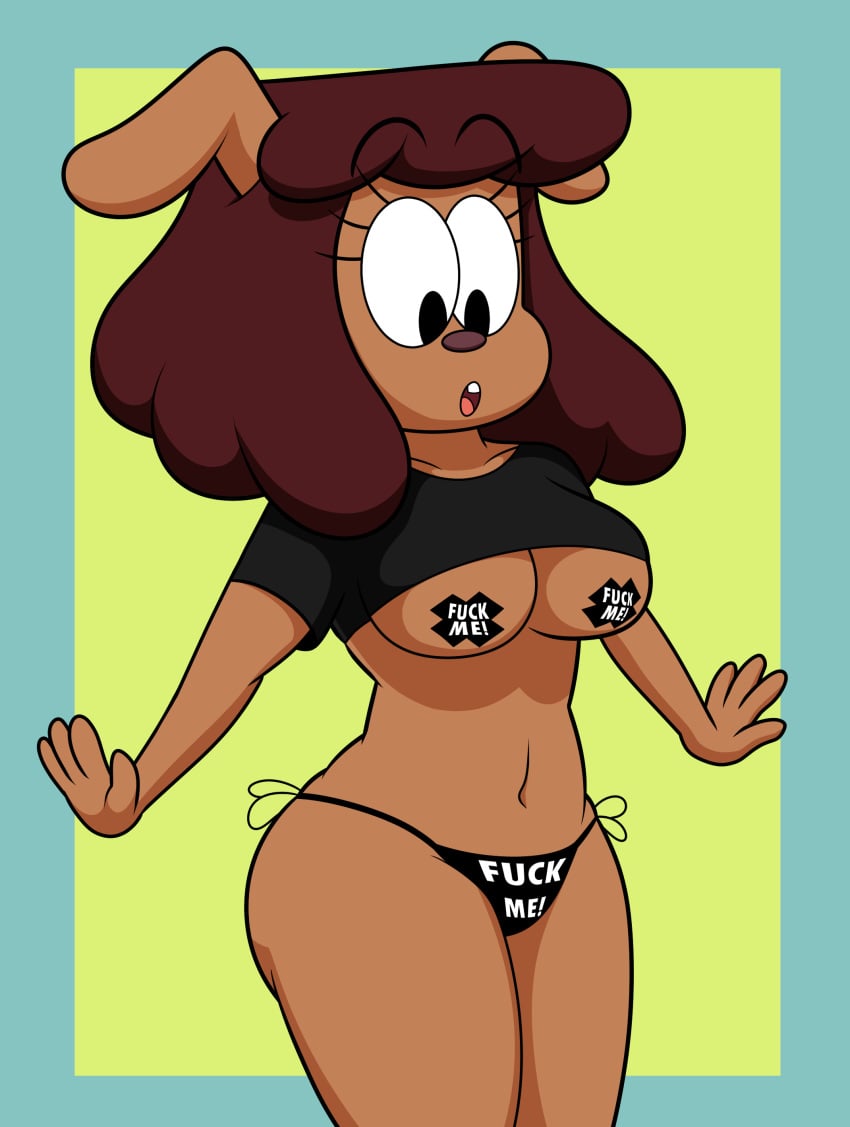 1girls absurd_res anthro black_pasties canid canine canis carla_(ok_k.o.!_lbh) carla_(ok_k.o.!_let's_be_heroes) cartoon_network domestic_dog english_text female female_only fuck_me_(text) fuck_me_pasties hi_res mammal marcodile ok_k.o.!_let's_be_heroes pasties pasties_with_text profanity skimpy_dress solo text x_pasties