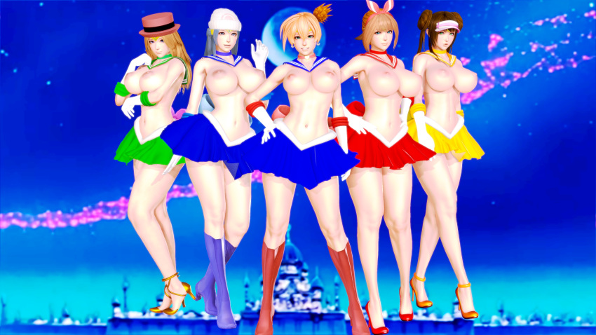 3d 5girls abs alternate_breast_size alternate_outfit areolae armpits belly big_breasts bishoujo_senshi_sailor_moon blonde_hair blue_background blue_hair blue_skirt breasts brown_hair clothing cosplay crossover dawn_(pokemon) double_bun eye_contact female female_only full_body gloves green_skirt half-closed_eyes hand_on_hips hat human_only large_breasts long_hair looking_at_viewer luna_(artist) magical_girl may_(pokemon) may_(pokemon_oras) medium_breasts misty_(pokemon) multiple_girls navel nintendo nipples orange_hair pokemon pokemon_bw2 pokemon_dppt pokemon_oras pokemon_rgby pokemon_xy red_skirt rosa_(pokemon) sailor_jupiter_(cosplay) sailor_mars_(cosplay) sailor_mercury_(cosplay) sailor_moon_(cosplay) sailor_venus_(cosplay) serena_(pokemon) short_hair skirt skirt_only thick_thighs topless twintails wide_hips yellow_skirt