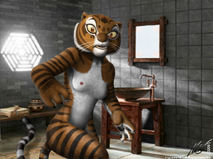 1girls 2009 3d 3d_(artwork) anthro anthro_only bathroom breasts caught dreamworks female female_only fur furry kung_fu_panda kung_fu_panda_(movie) looking_at_viewer master_tigress nude paramount_pictures protator shocked small_breasts solo surprised tiger