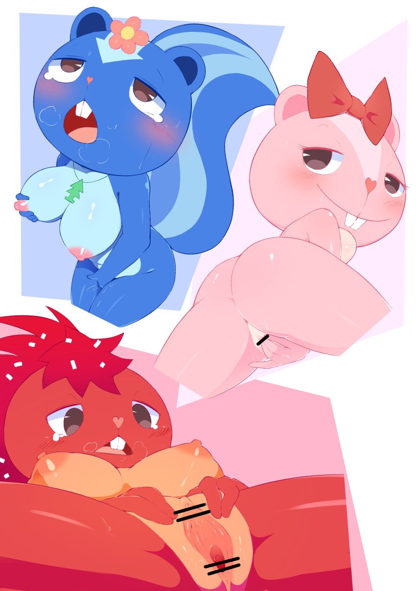 absurd_res anthro ass blush bodily_fluids breasts censored female flaky_(htf) fur genitals giggles_(htf) happy_tree_friends hi_res mammal nipples nude petunia_(htf) pussy skunk smile tears umisag85rabb99