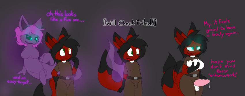 1futa 2020 anthro balls belt black_hair bodily_fluids breasts bulge canid canine clothed clothing cyrus_nightfire dialogue duo english_text fox fully_clothed furry futa_is_bigger futanari gender_transformation genital_fluids genitals ghost glowing glowing_body glowing_eyes gynomorph gynomorph/male hair hi_res holding_breast intersex intersex/male male male_to_futa mammal mtf_transformation mti_transformation nightfire nude penis penis_size_difference possession precum red_body simple_background smile spirit text torn_clothing transformation translucent translucent_body