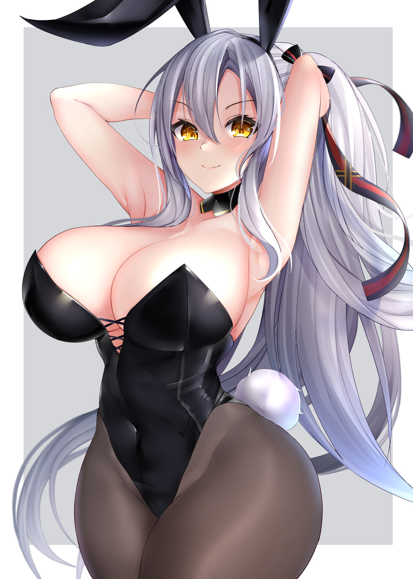 1girls armpits arms_up azur_lane breasts bunny_ears bunny_tail bunnysuit cleavage drake_(azur_lane) female female_only g3bit10 hi_res huge_breasts light-skinned_female light_skin long_hair ribbon royal_navy_(azur_lane) solo very_long_hair yellow_eyes