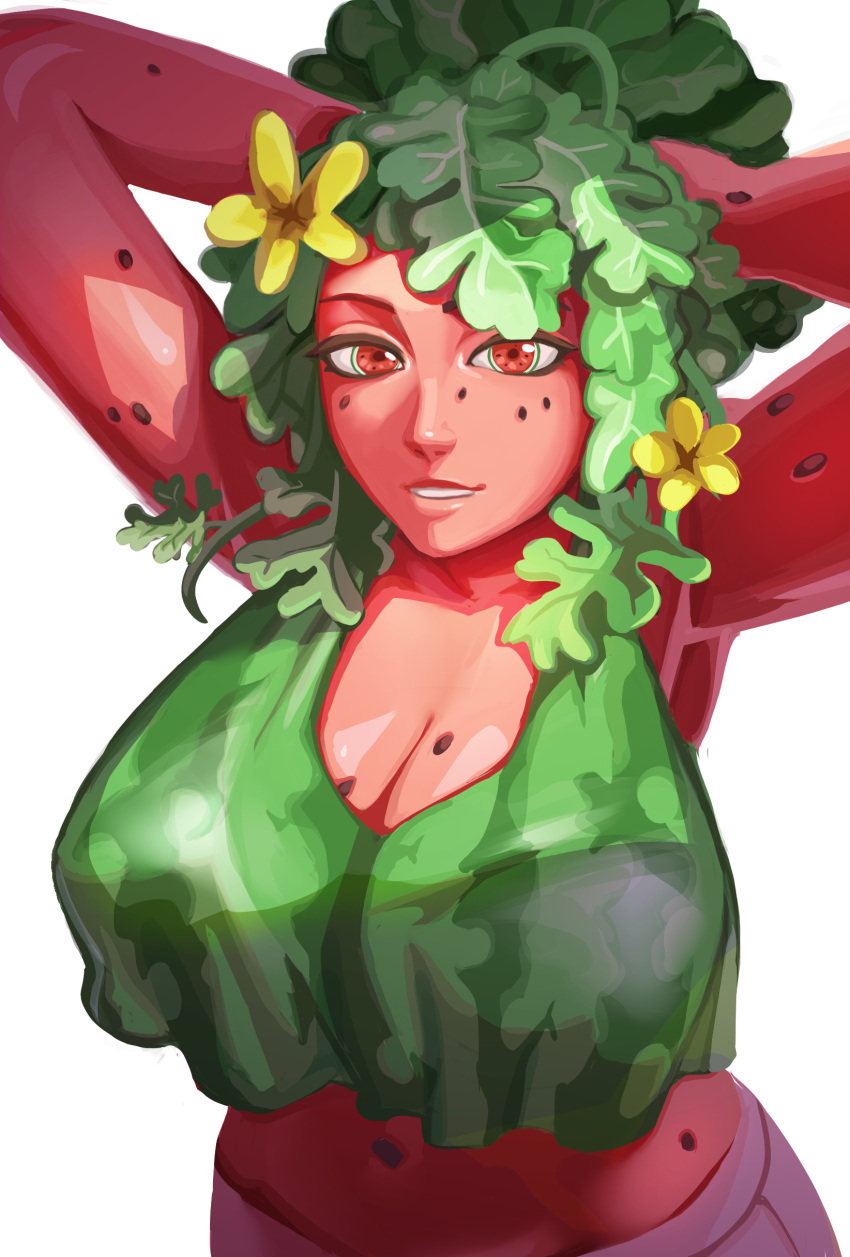 leaves_in_hair red_eyes red_skin telepurte watermelon watermelon_bra