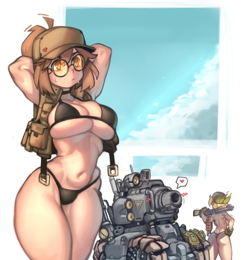 <3 2girls ammo_belt ammunition arms_above_head arms_behind_back arms_behind_head arms_up ass back back_muscles backboob bandana bandolier bangs big_ass big_breasts big_butt bikini black_bikini blonde_hair blue_sky blush blush_lines breasts brown_eyes brown_hair cap casual choker cleavage clothing cloud clouds discarded_clothing eri_kasamoto eyewear facing_away facing_away_from_viewer female female_focus female_only fio_germi firearm glasses gloves green_gloves ground_vehicle gun hand_on_hip handwear hat headwear heart highres human kelvin_hiu large_breasts light-skinned_female light_skin load_bearing_vest metal_slug micro_bikini military military_vehicle motor_vehicle multiple_girls muscles muscular muscular_female navel orange-tinted_eyewear outerwear overflowing_breasts pale_skin pockets ponytail round_glasses shotgun shotgun_shells shoulder_blades simple_background sky snk soft soft_breasts spoken_heart standing strap_gap sunglasses sweat sweating swimsuit swimwear tank thick_thighs thighs thong thong_bikini_bottom tied_hair tinted_eyewear underboob weapon