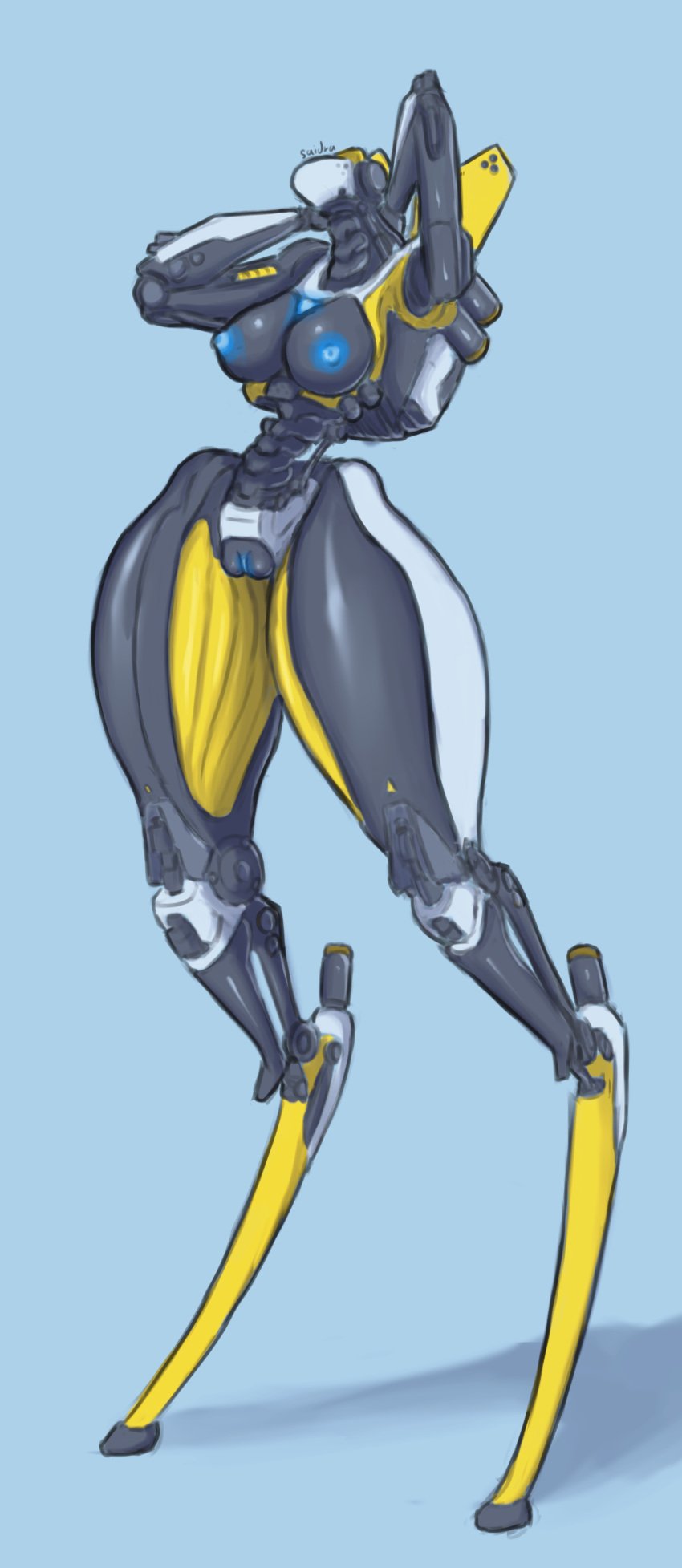 arms_behind_head breasts fast_bot female glowing machine posing pussy robo_recall robot saidra solo standing thick_thighs