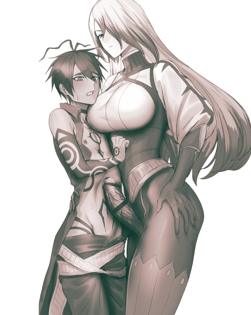 1boy 1futa asmodeus_(megido72) body_markings censor_bar censored dark-skinned_male femdom futa_is_bigger futa_on_male futanari girly hair_over_one_eye imminent_sex large_breasts long_hair megido72 monochrome size_difference smaller_male solomon_(megido72) tattoo veiny_penis white_background