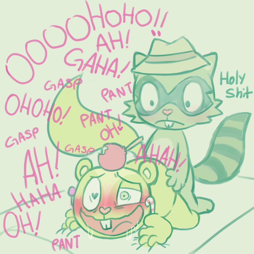 <3_eyes all_fours anal anthro bed blush candy chibi duo food fur furniture green_body green_fur happy_tree_friends heart hi_res humor male male/male mammal moan nutty_(htf) procyonid raccoon rodent sciurid sex shifty_(htf) zonkeyshow