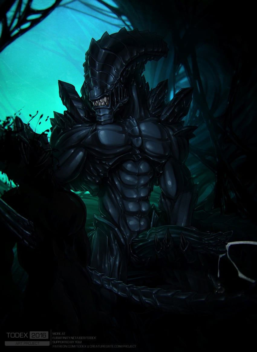 1boy 2016 abs alien alien_(franchise) angry anthro big_penis bodily_fluids cum cumshot death duo ejaculation genital_fluids genitals hi_res human larger_male male male_xenomorph mammal masturbation muscular muscular_male no_balls pecs penile penile_masturbation penis size_difference solo text todex url watermark xenomorph