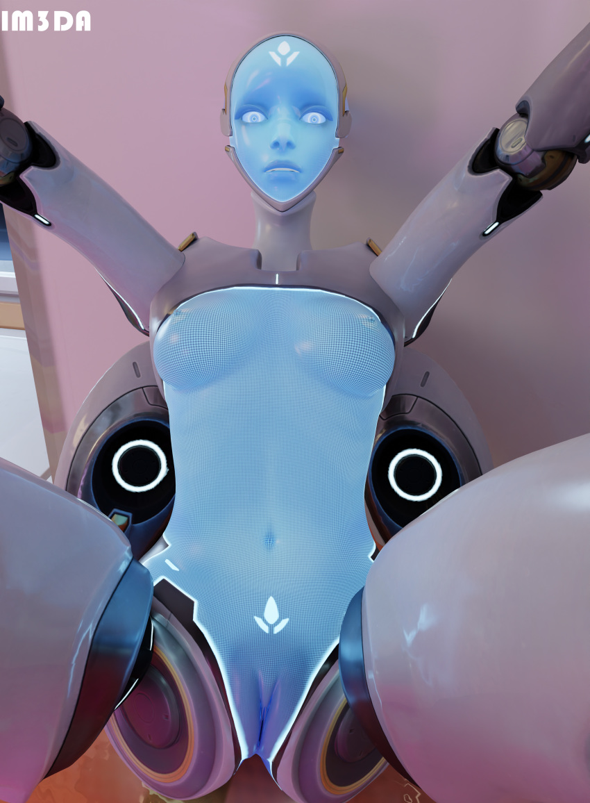 1girls 3d areolae arms_up belly_button blizzard_entertainment blue_body blue_nipples breasts cybernetics echo_(overwatch) female female_only hologram im3da legs legs_apart looking_at_viewer lying lying_down medium_breasts nipples on_back overwatch overwatch_2 pov pov_eye_contact pussy robot solo solo_female symbol