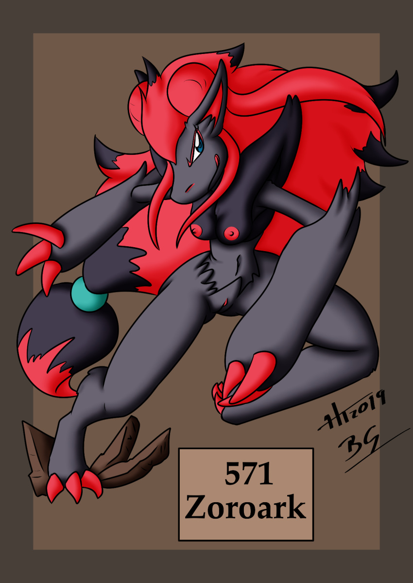 2019 alternate_version_at_source anthro bernardol22 black_body black_fur breasts canid canine claws female fur genitals grey_body grey_fur hair head_markings hi_res hitori09 inner_ear_fluff mammal markings nintendo nipples pokémon_(species) pokemon pokemon_(species) ponytail pussy red_claws red_hair red_inner_ear red_markings red_pussy shoulder_tuft smile solo toe_claws tuft video_games zoroark